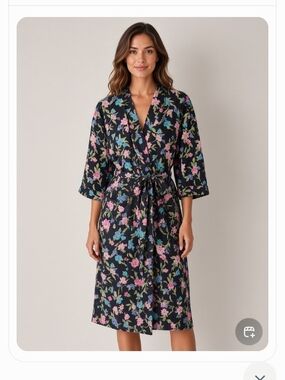 Erika Taylor Floral Tie-Waist Robe in Black with Pink & Blue Flowers. Medium